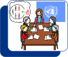 Grafik einer Arbeitsgruppe vor dem Hintergrund der Flagge der Vereinten Nationen und dem Symbol für Inklusion